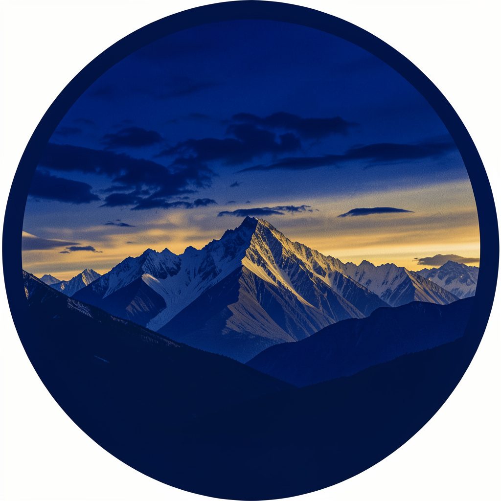 Emblema circular con un paisaje latinoamericano en tonos azul profundo y dorado, montañas estilizadas bajo un cielo crepuscular, atmósfera serena y contemplativa.