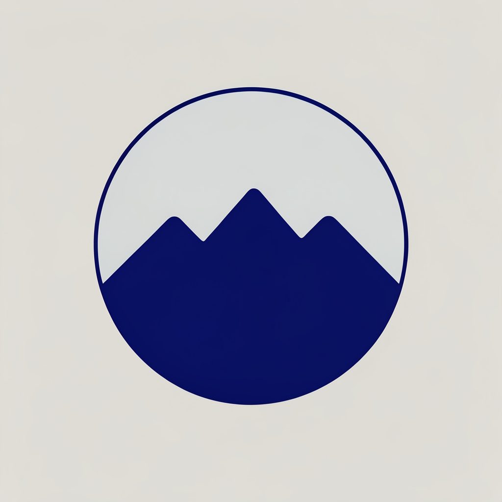 Ícono circular con silueta de montañas en azul índigo sobre fondo claro, estilo minimalista.